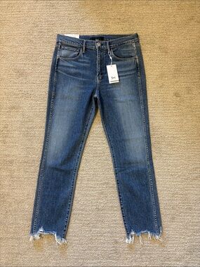 3x1 Medium Blue Cropped Straight Jeans with Frayed Hems